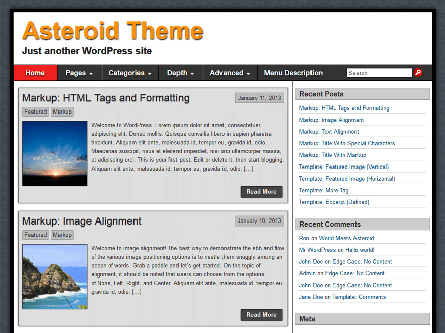 Asteroid website example screenshot