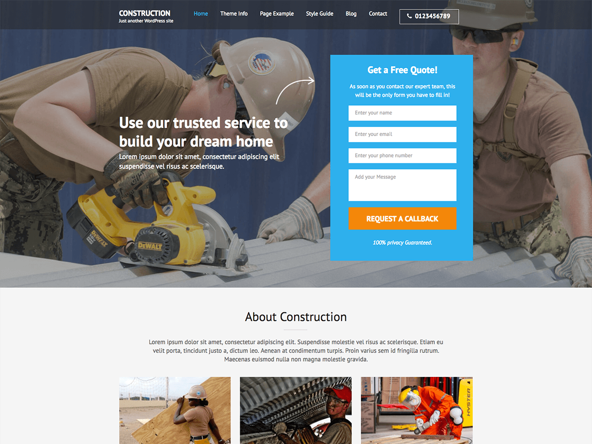 Construction Landing Page website example screenshot