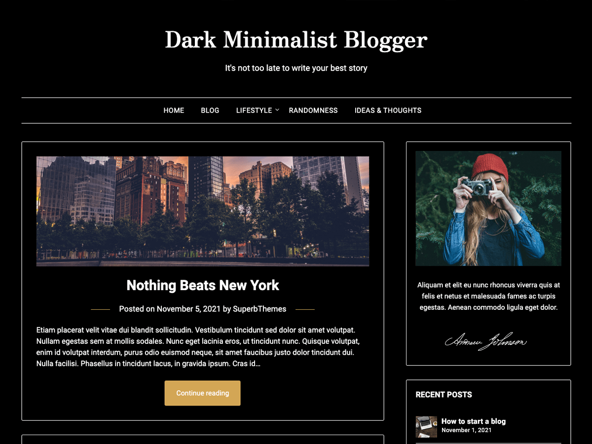 Dark Minimalistblogger website example screenshot