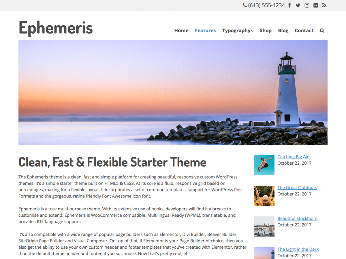Ephemeris theme websites examples