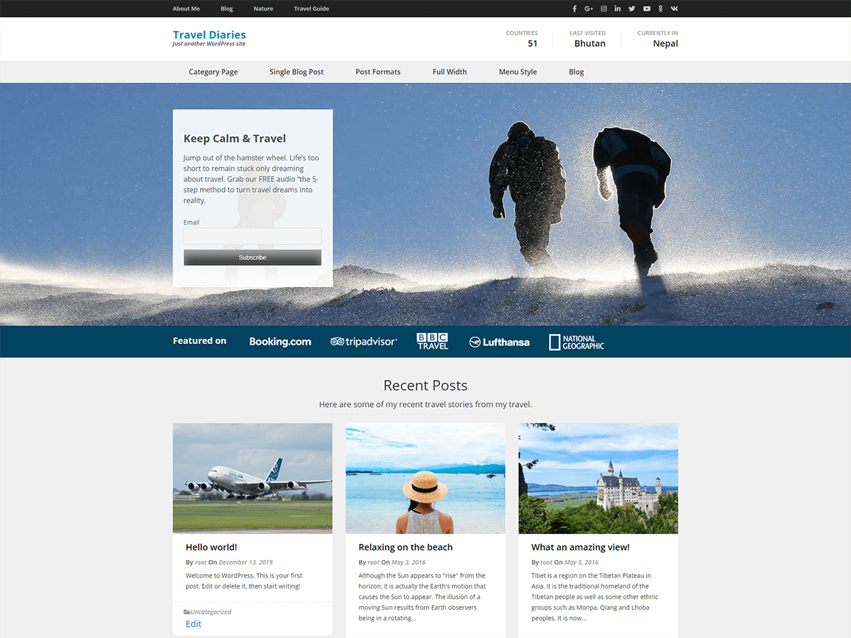 Travel Diaries website example screenshot