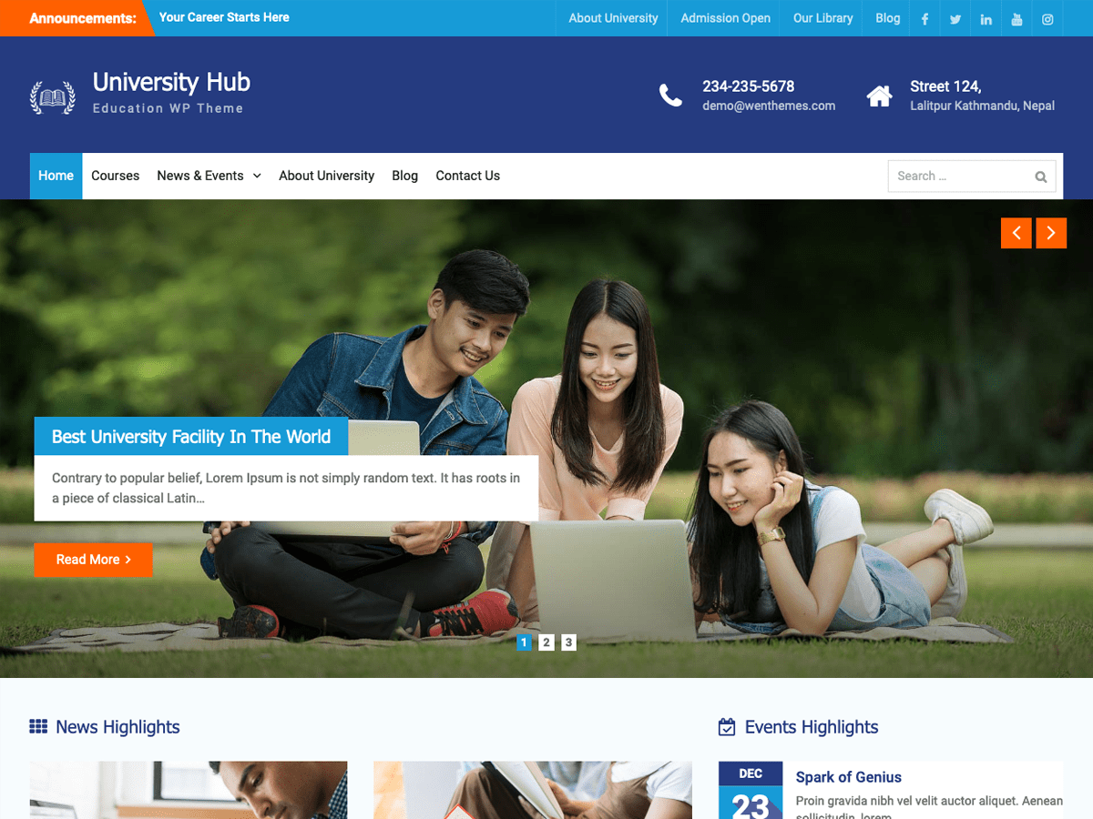 University Hub website example screenshot